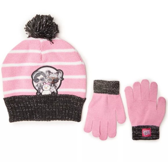 L.O.L. Surprise! | Kids' Pink & Black Stripe Pom-Pom Beanie & Gloves - Picture 1 of 1